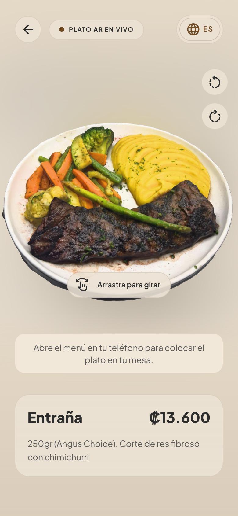 Un plato en 3D dentro del menú de un restaurante, visto en un celular